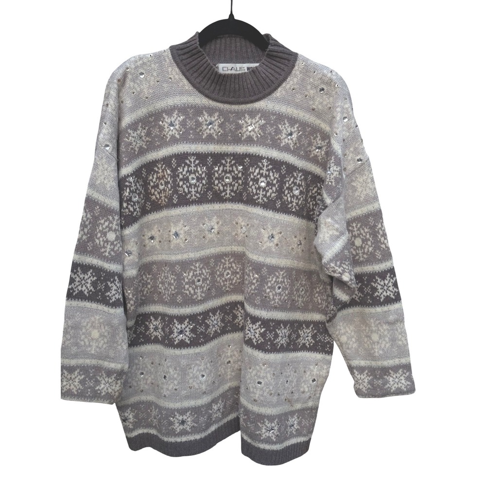 Chaus Woman Vintage Snowflake Fair Isle Rhinestone Sweater Grey Plus 1X Holiday